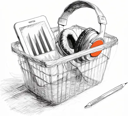 Basket with mobile phone and headphones, a pen next to it