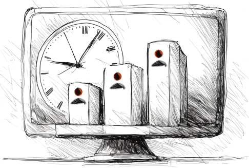 Screen with a clock and a bar chart